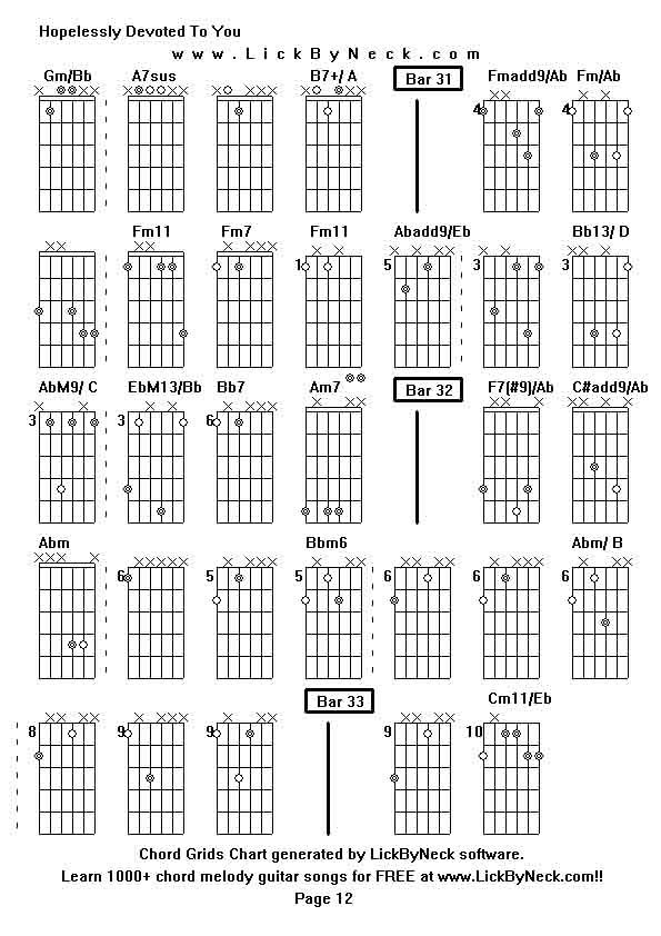 Chord Grids Chart of chord melody fingerstyle guitar song-Hopelessly Devoted To You,generated by LickByNeck software.